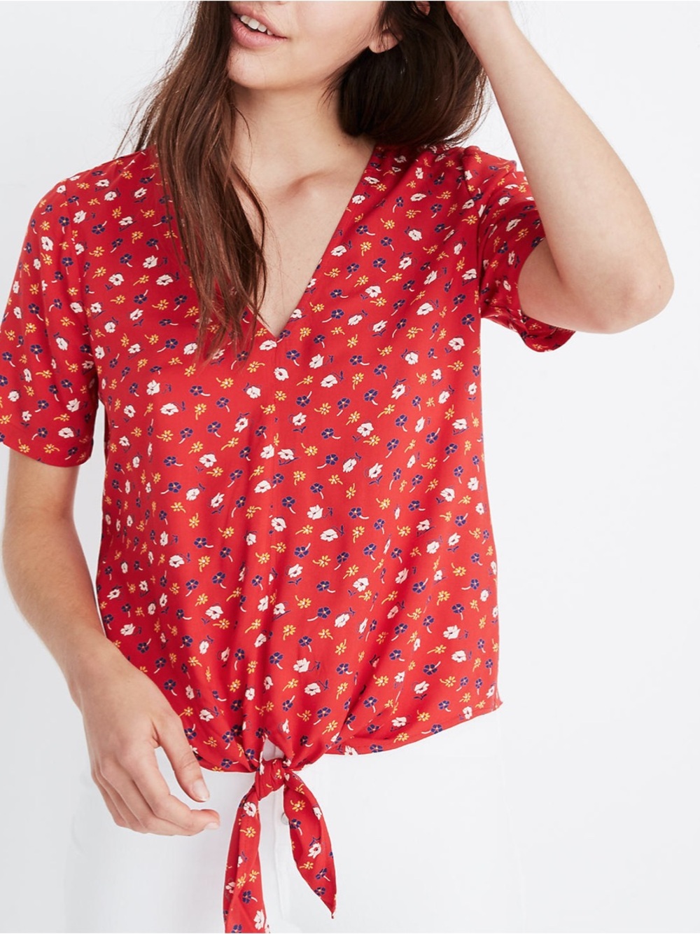 Madewell Red Prairie Posies Floral Short Sleeve Tie-Hem V-Neck Top